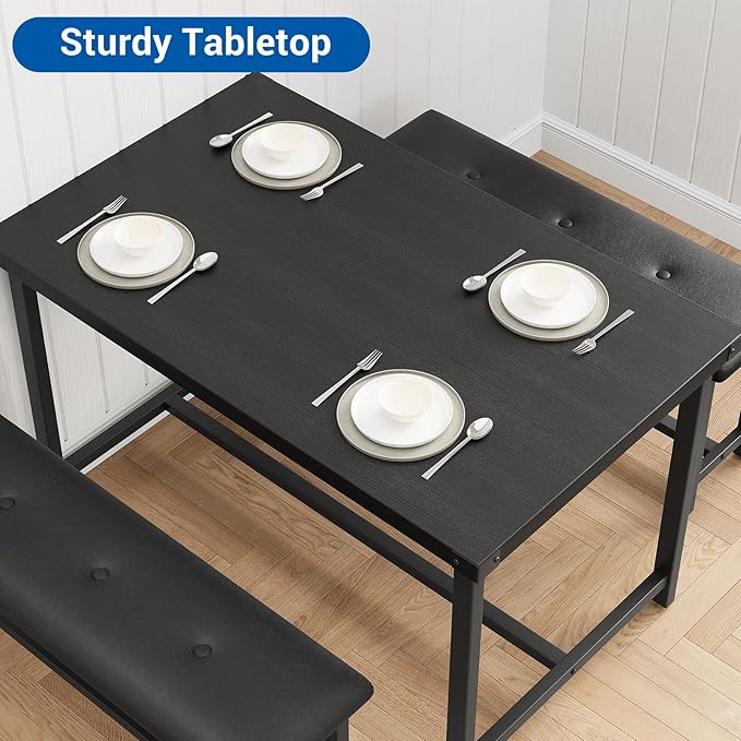 Garvee Dining Table with 2 Benches, Kitchen Table with 2 Upholstered Benches, 3 Piece Dining Table Set Space Saving for Apartment, Kitchen, 44.48" l x 27.58" w x 29.58" h, Black