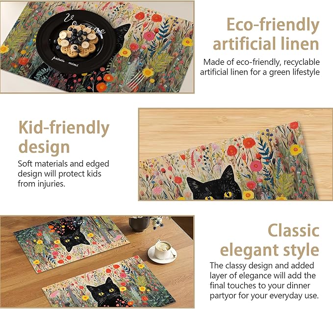 Placemats Set of 6 Cat Flowers Spring Place Mats Washable Kitchen Dining Linen Table Mats Stain Heat, for Home Party Indoor 12x18 in