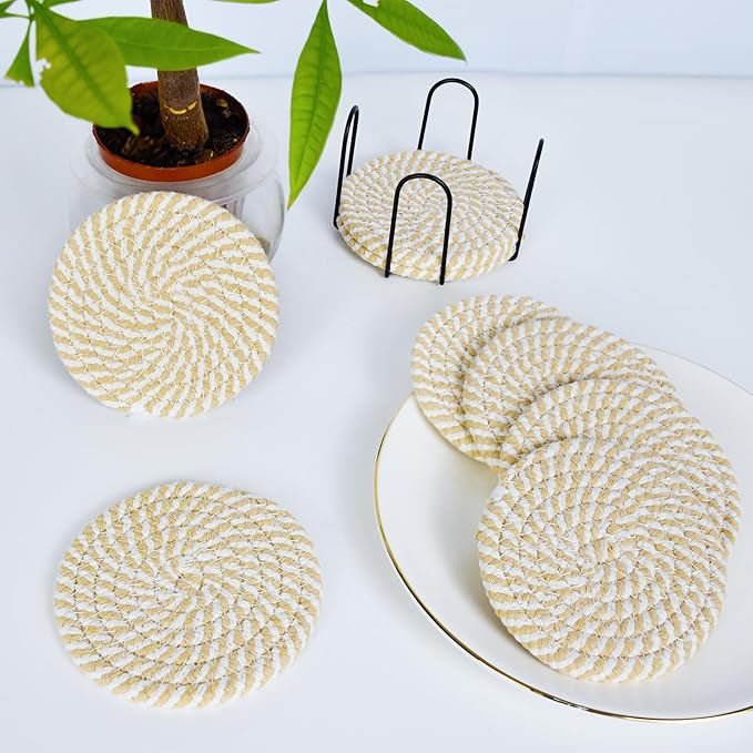 ABenkle Drink Coasters with Holder Set of 10, Cotton Woven Absorbent Coasters for Drinks, Minimalist Home Decor Coaster Set for Wooden Tabletop Protection Table, 4.3 inches