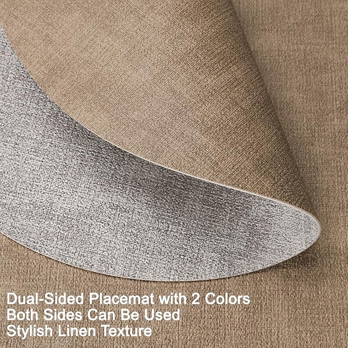 Myir JUN Reversible Vinyl Round Placemats Set of 4, Faux Leather Place Mats Dual Sided Waterproof Oilproof Wipeable, Heat-Resistant Table Mats for Kitchen Dining Indoor Outdoor (14", Light Gray Beige)