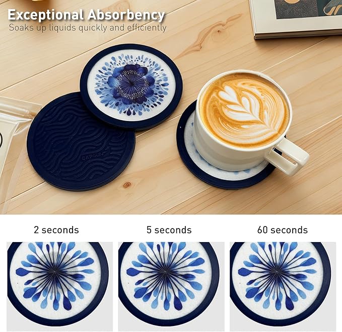 Indigo Floral Non-Slip Silicone Coasters, 4-Pack Double-Sided Absorbent Cup Mats for Hot & Cold Drinks, Scratch & Water Ring Protection for Wood Tables, Home Office Bar Use (6PC)