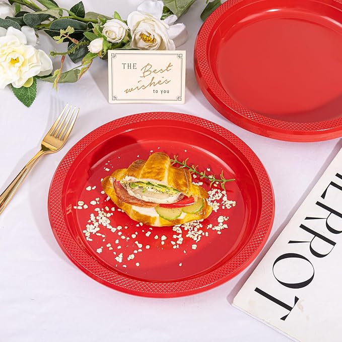 WELLIFE Red Party Plates 10 Inch -150 Count, Plastic Disposable Plates for Valentine's Day Dinner Party Easter Mother's Day