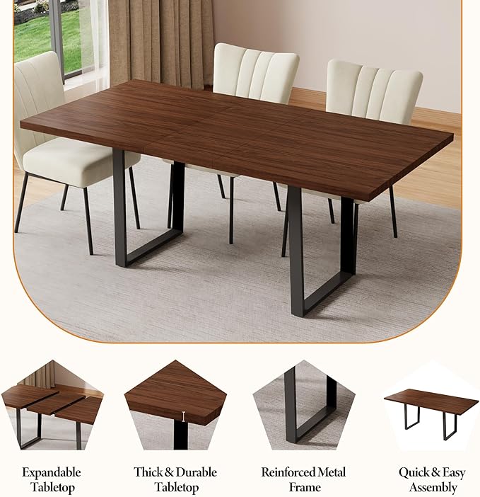 ZckyCine 63''-79'' Extendable Dining Table for 6-8 People, Walnut Finish Modern Rectangular Kitchen Table with Metal Legs, Expandable Dinner Table for Dining Room or Kitchen
