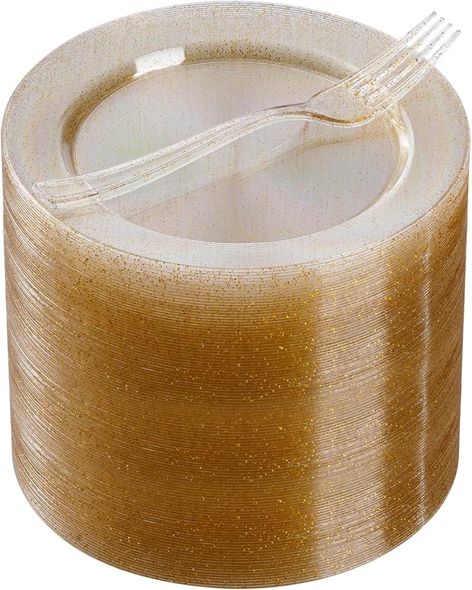 Goodluck 240PCS 7" Gold Glitter Dessert Plastic Plates with 7.4" Forks, Gold Appetizer Plates for 120 Guests, Including 120 Disposable Cake Plastic Plates and 120 Forks for Wedding/Birthday/Christmas