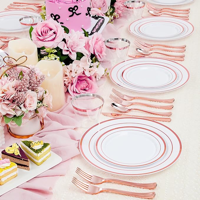 WELLIFE 450 PCS Rose Gold Disposable Dinnerware Set for 75 Guests, Mothers Day Plates, 75 Dinner & Salad Plate, Cups, Forks Knives Spoons for Wedding Reception and Valentine's Day