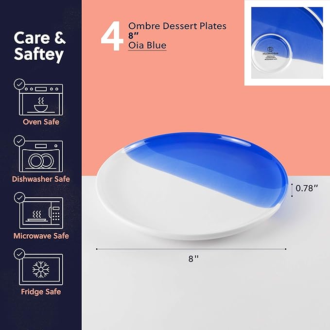 Ombre Dessert Plates Oia Blue - 8 inch Porcelain Plates Set - Appetizer, Ceramic, Salad Plates Set of 4 - Ombre Dinnerware Collection