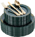 DaYammi 150Pcs Green Plastic Plates with Gold Silverware,Green Disposable Plates for Party include 30 Dinner Plate,30 Dessert Plate,90 Gold Plastic Cutlery,green gold plate for St. Patrick's Day Party