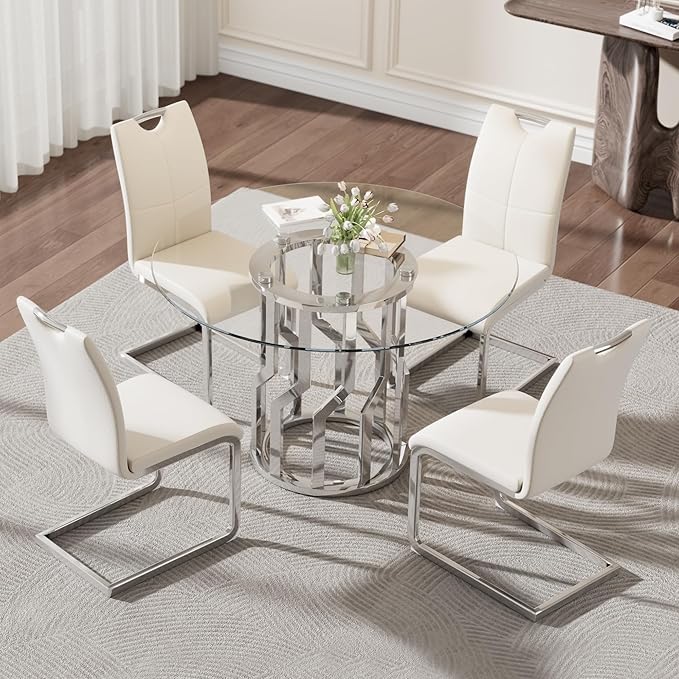 38.9" Round Glass Dining Table Set for 4, Modern 5 Piece Kitchen Table Set with Silver Stainless Steel Base & 4 PU Leather Accent Chairs, Saving Space, Dining Set for Apartment, Home - White Chair