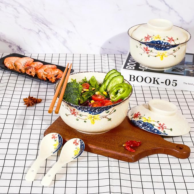 Ceramic Ramen Bowl Set, 800ml, with Lid, Spoon and Chopsticks, Japanese Vintage Large Soup Bowls Instant Noodle Bowl Asian Tableware (Color*1)