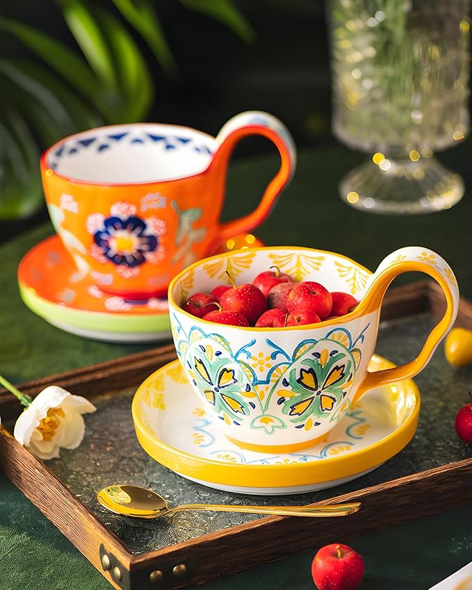 25oz Ceramic Soup Bowl with Handle – Handcrafted Floral Pottery Cereal & Ramen Bowl – Large Microwave & Dishwasher Safe Decorative Bowl for Everyday Use or Gift (Crimson Frost, 20oz)