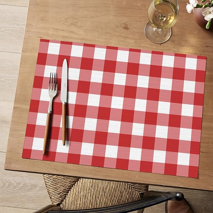 Artoid Mode Buffalo Plaid Vinyl Placemats Set of 4, 12x18 Inch Washable Non-Slip Heat Resistant Plastic Place Mats for Party Dining Table, Red/White