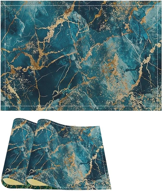 Marble Linen Placemats Set of 2, 12x17 Inch Abstract Modern Foil Stone Texture Blue Gold Marble Table Mats Washable Fabric Place for Party Kitchen Wedding Dining Banquets Decor