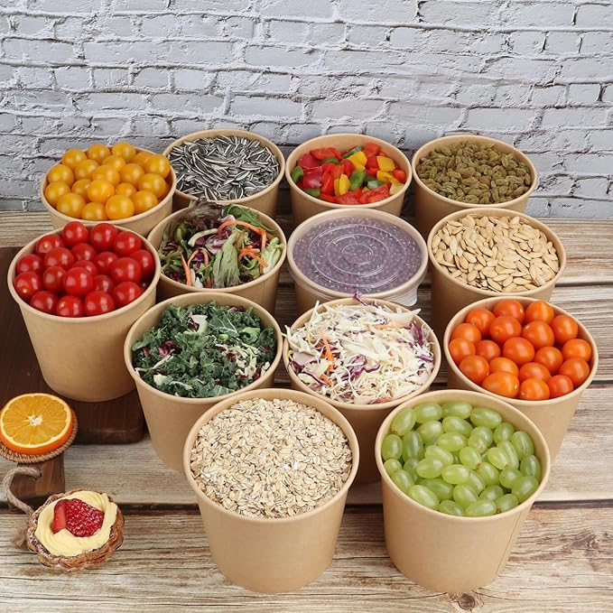 45 oz Disposable Kraft paper bowls with lids, Food containers Soup Bowls Party Supplies Treat Bowls 25 Pack