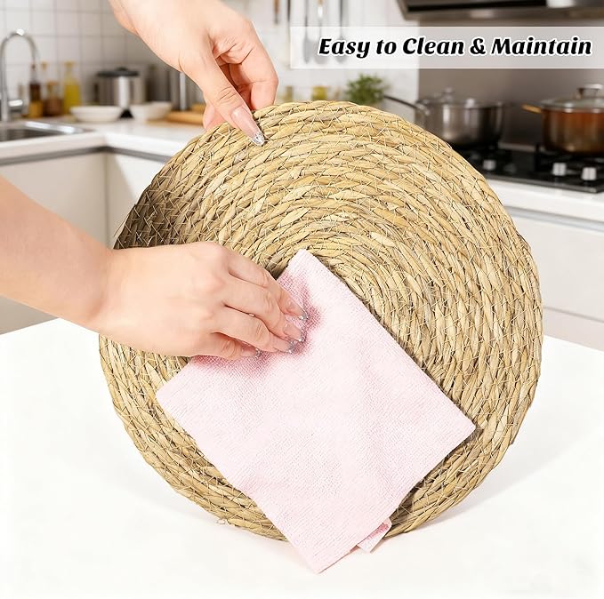 Elcoho 10 Pieces Round Woven Placemats 12 Inch Boho Rattan Placemats Farmhouse Braided Place Mats Woven Plate Chargers Rustic Wicker Table Mats for Dining Table