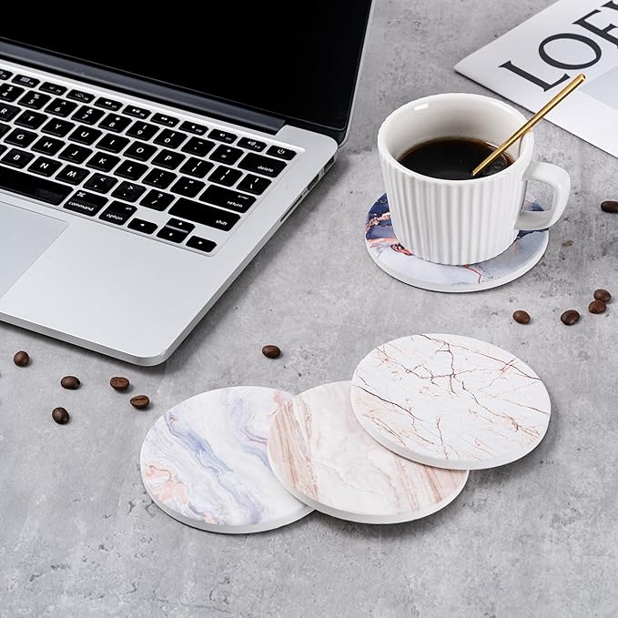 Hoewina 6Pcs Drink Coasters with Holder, Marble Style Ceramic Drink Coaster, Absorbent Coasters Set Suitable for Kinds of Cups, Modern Style Coasters for Coffee Table, 4 Inches（Render Style）