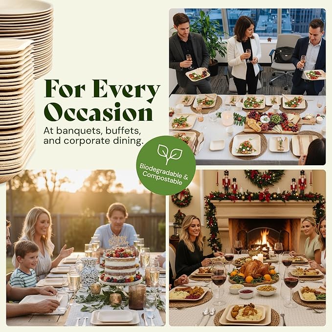 Chic Leaf Square Bamboo Palm Leaf Disposable Plates - 8" Pack of 100 - Biodegradable & Compostable Dinnerware - Disposable Party & Appetizer Plates - Sustainable Dessert Trays Romantic Date Essentials