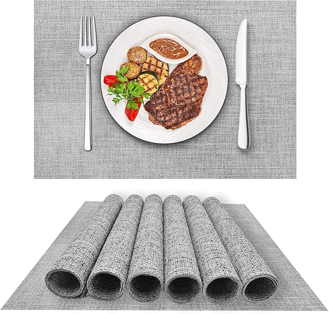 DACHUI Placemats Set of 8, Linen Look Woven Place Mats, Water Resistant, Heat Resistant, Washable, Durable Table Mats (Light Grey)