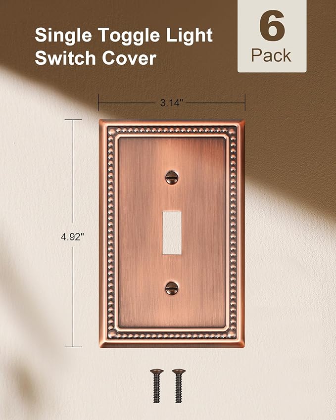 6-Pack Single Toggle Light Switch Cover Plate, Pearls Decorative Switch Plate Covers, Antique Copper 1 Gang Metal Wall Plate, Corrosion Resistant