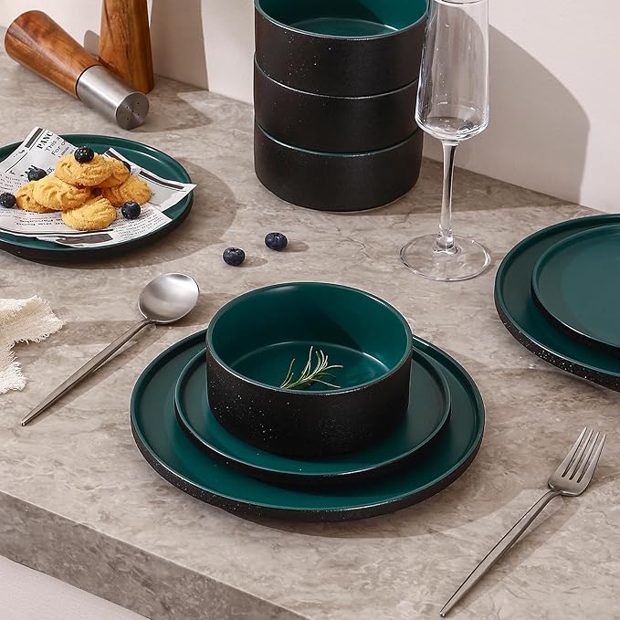 GZG Classic Series - Plates and Bowls Set for 2, 6 Piece Stoneware Dinnerware Sets, Microwave and Dishwasher Safe Lead-Free Handcrafted Ceramic Dishes Set - Malachite Green