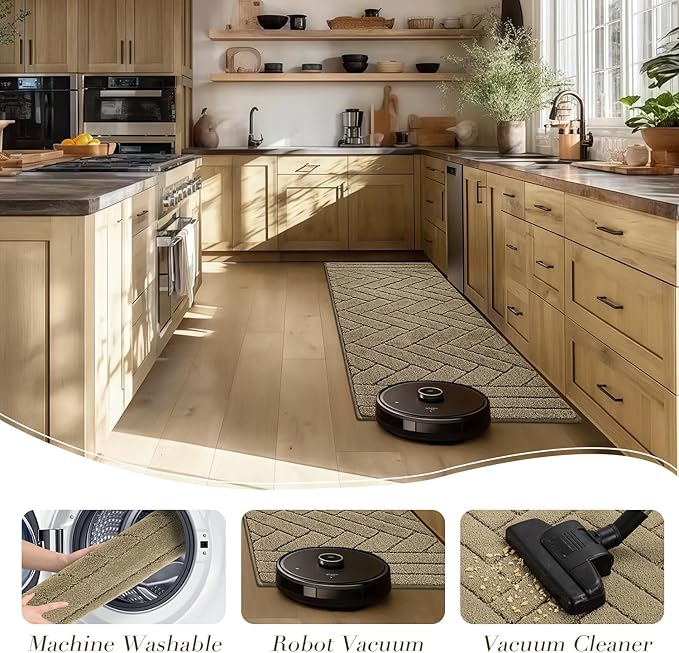 Kitchen Rugs,20" x 48" Non Slip Kitchen Mats for Floor-Thick Stain Resistant Kitchen Floor Mat Runner Carpet for Hallways Entryway Laundry Room Washable(Khaki)