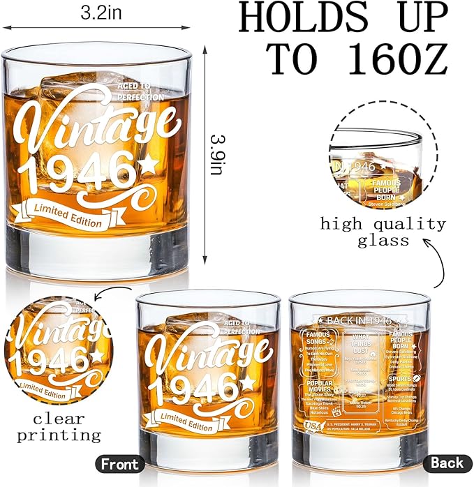 Old Fashioned Glasses-1946-Vintage 1946 old time information 10.25oz Whiskey Rocks Glass -80th Birthday Aged to Perfection - 80 years old gifts Bourbon Scotch Lowball Old Fashioned-1PACK