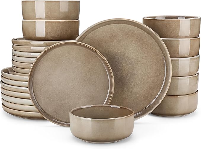 vancasso PLAYA Plates and Bowls Sets, 24 Pieces Dark Brown Dinnerware Sets for Kitchen, Reactive Glaze Dishes Set for 8, Dishwasher and Microwave Safe
