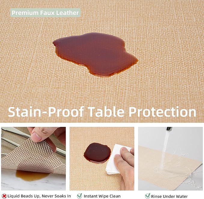 Heat Resistant Placemats Set of 6, 17x12in Waterproof Wipeable Faux Leather Non Slip Table Mats, Easy to Clean, Stain Resistant, for Kitchen Dining Room-– Warm Tan