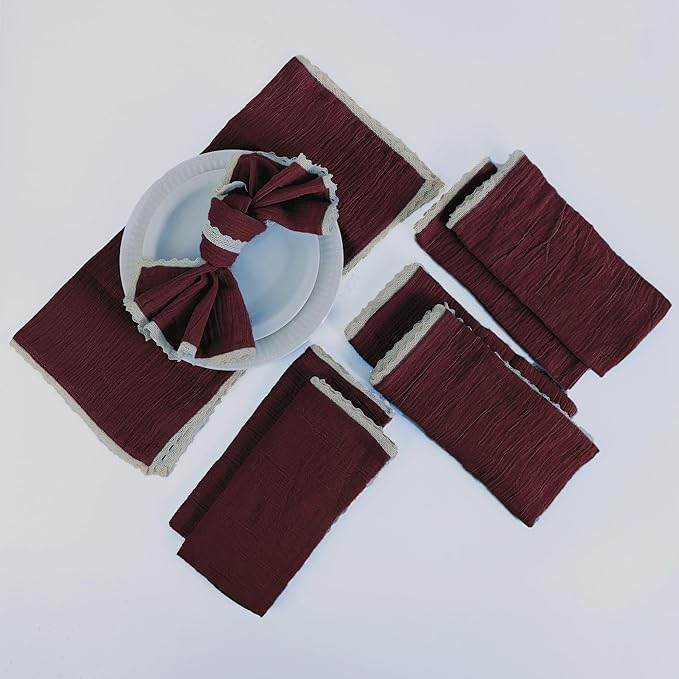 Fingercraft Dinner Cloth Napkin Cotton Muslin Double Gauze 8 Pack with Classic Lace for Everyday Use, Wedding, Party, Christmas, Easter Napkins Cloth are Pre Shrunk and Good Absorbency Chocolate