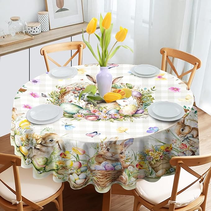 Easter Tablecloth 60 x 84 Inch Rectangle, Easter Bunny Table Cloth Buffalo Check Plaid Kitchen Table Cover for Dining Room Spring Oblong Tablecloth Indoor Decor