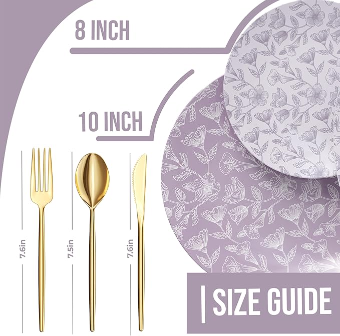 Trendables Fancy Plastic Dinnerware Sets 200 Pc 40 Guests Gold Silverware Disposable 40 X 10 Inch Charger Plates 40 X 8 Inch Dessert Plates 40 x Gold Plastic Forks and Spoons Knives In Blossom Circle