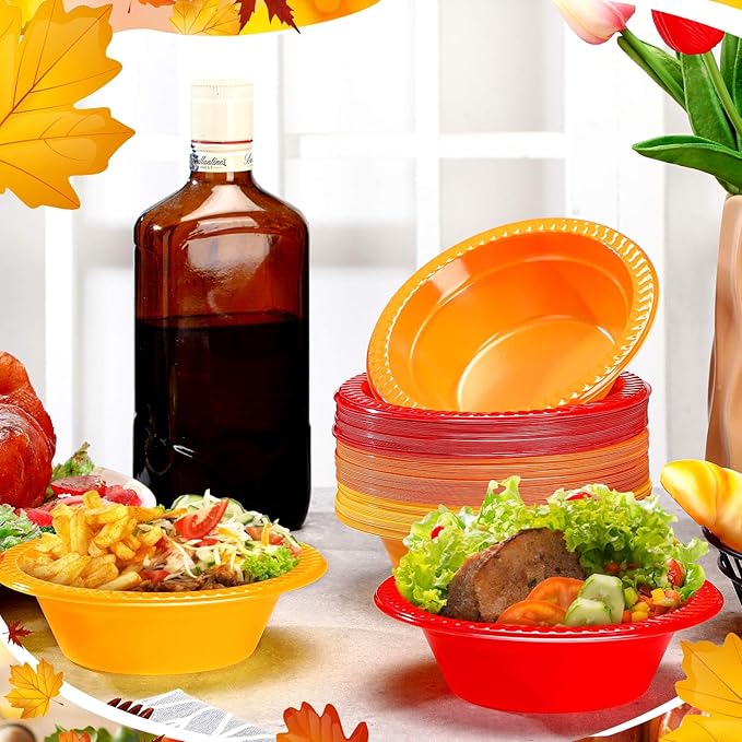 Layhit 100 Pcs Thanksgiving Plastic Bowls 12 oz Disposable Salad Yellow Red Orange Plastic Serving Autumn Party Supplies Candy Snack Bowls for Thanksgiving Harvest Party Picnic