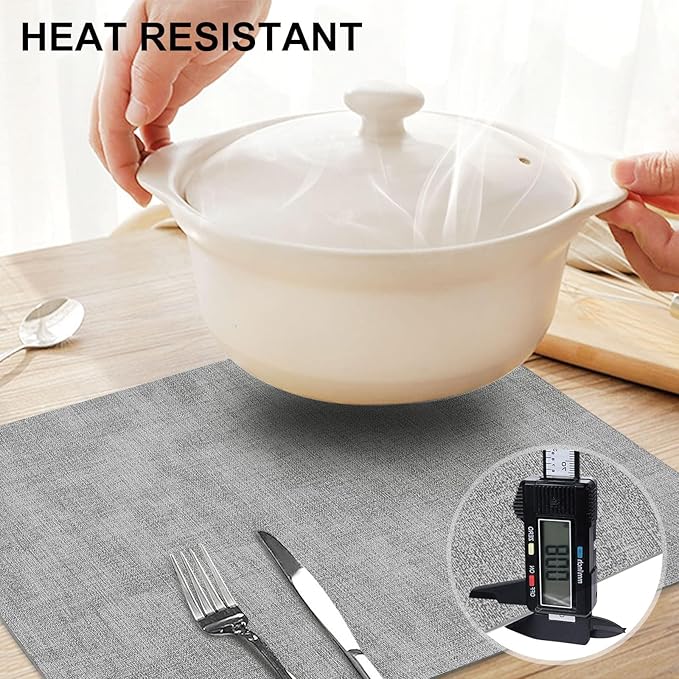 homing Faux Leather Heat Resistant Placemats 8 Packs, Waterproof Wipeable Dining PU Place Mats for Indoor & Outdoor, Easy to Clean, Light Grey