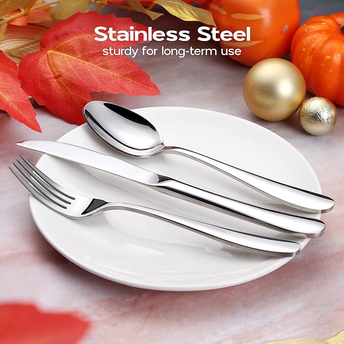 Onader 65 Piece Heavy Duty Silverware Set with Serving Pieces, Stainless Steel Cutlery Flatware Set for 12
