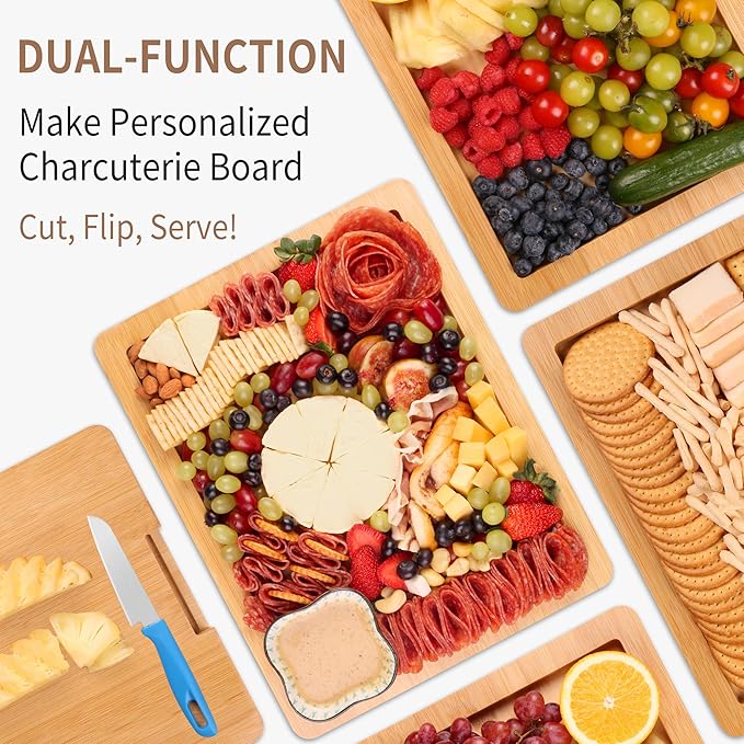Charcuterie Board with Lid and Handle - Portable Travel Design Bamboo Cheese Board Set with 4 Cheese Tools, Gift for Housewarming, Weddings, Picnics (1 Compartment, White)