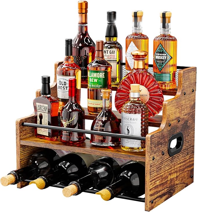 KLM 4-Tier Wood Display Shelf, Black Modern Bottle Organizer, Countertop Bar Stand for Liquor, Coffee Syrup, (Brown)