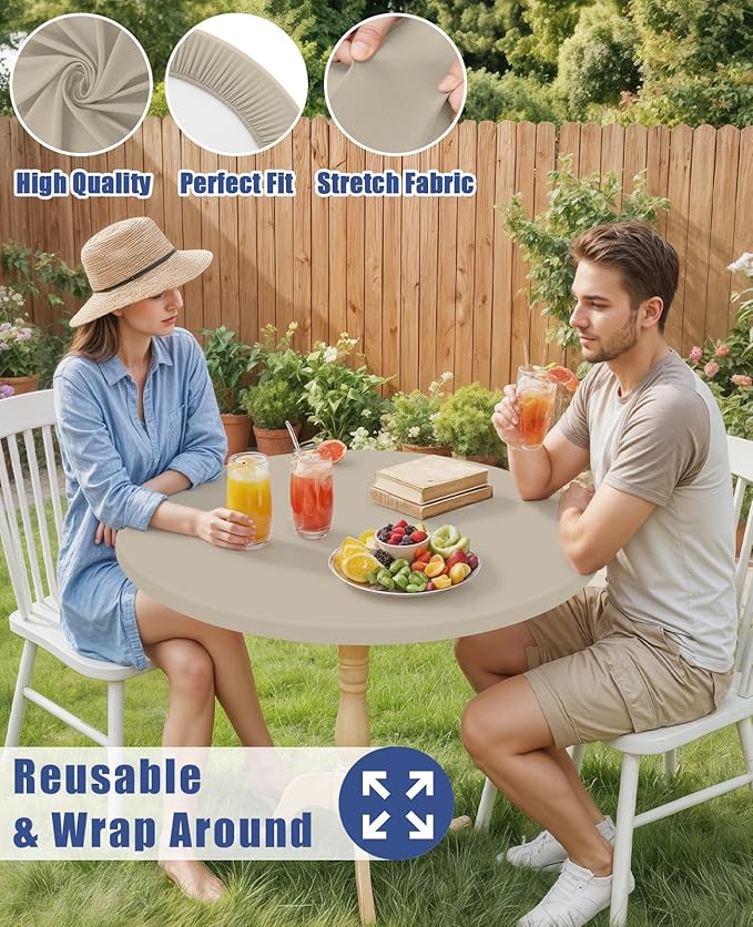 Round Spandex Tablecloth 2 Pack, Elastic Fitted Waterproof Tablecloths for 45"-56" Tables, Stretch Washable Picnic Table Cover for Camping, Dining, Indoor and Outdoor, Taupe