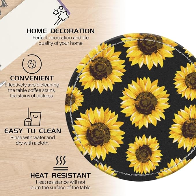 Coasters for Drinks PU Leather,Set of 6 with Holder,Round Housewarming Gift Home Decor,Sunflower On Black Background
