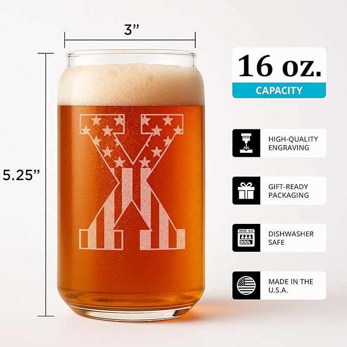 Monogram Beer Glasses for Men Women (A-Z) 16 oz - Beer Gifts for Men Brother Son Dad Neighbor - Unique Gifts for Him - Personalized Drinking Gift Beer Glass Mugs - Engraved Beer Can Glass ( X )