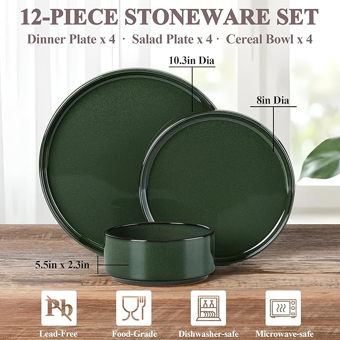 Herogo 12 Pieces Stoneware Dinnerware Set for 4, Ceramic Dinner Dishware Sets for Home Kitchen, Plates and Bowls with Rustic Terracotta Bottom, Dishwasher & Microwave Safe, Dark Green