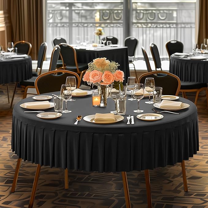 2 Pack Black Spandex Round Tablecloths for 60 Inch Tables, Stretchy Fitted 5FT Cloths, Wrinkle-Free Cover With Skirt for Wedding Party Dining Banquet