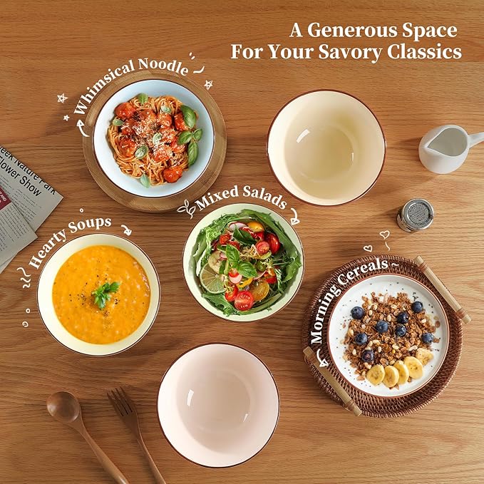 Ceramic Cereal Bowl Set of 6 - Porcelain Soup Bowls with Candy Hue - 6.25 Inch Ideal for Salad, Oatmeal, Ramen, Noodle - Microwave and Dishwasher Safe - 23 OZ