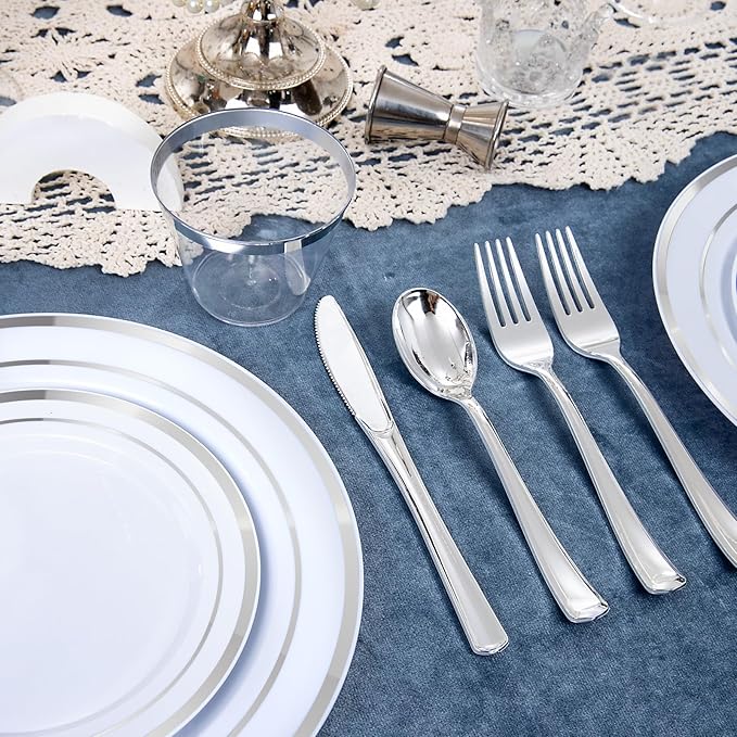 WELLIFE 450 PCS Silver Disposable Dinnerware Set for 75 Guests, Wedding Plates Silver Plastic Plates for Party, Including 75 Dinner Salad Plates, Cups, Forks Knives Spoons for Wedding and Party