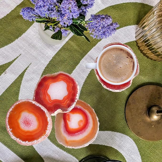 Orange Red Agate Coasters Set of 4 with Rubber Bumpers - Fiery 3-4 Inch Dyed Geode Stone Drink Coasters for Home Bar, Table Decor, Gift