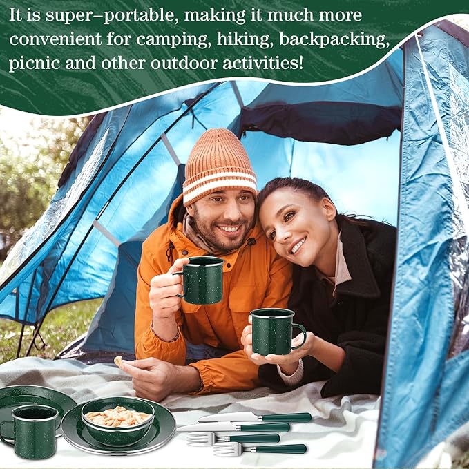 Nuogo 12 Pcs Enamel Camping Tableware Set Dinnerware Kit Includes 12 oz Coffee Mugs Camping Plates Bowls and Utensils Set with Knife Fork Spoon for 2 People Hiking Picnic Outdoor