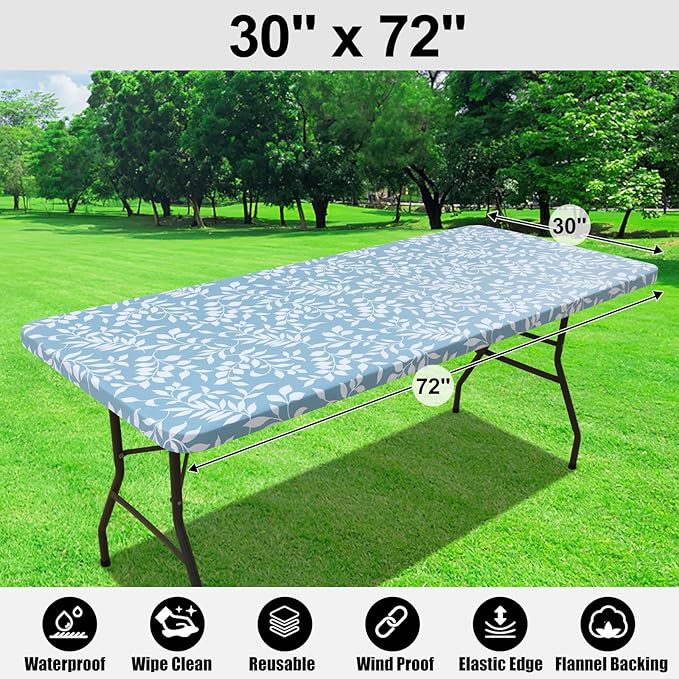 Smiry Rectangle Table Cloth Cover, Waterproof Elastic Fitted Picnic Tablecloth for 6 Foot Tables, Wipeable Flannel Backed Vinyl Tablecloths for Camping, Dining, Outdoor (Baby Blue, 30" x 72")