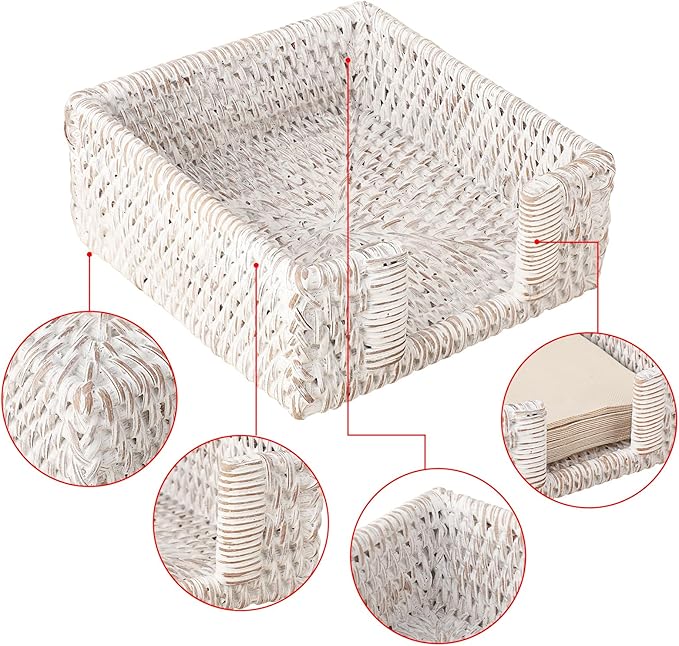 Sumnacon Napkin Holder for Table, Square Cocktail Napkin Holders, Wicker Rattan Napkin Dispenser Rustic Napkin Basket Tray for Dining Table Kitchen Countertop Picnic Party Bar, Vintage Whitewash