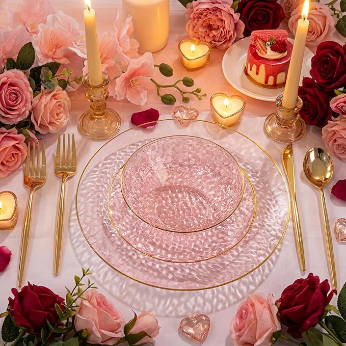 I00000 20 Pack 12 Ounce Pink Plastic Bowls Hammered Gold Rimmed Crystal Like, Heavy duty Disposable Bowl Set,Elegant Soup/Salad/Dessert/Ice Cream Small Bowls For Valentine's Day Party, Weddings