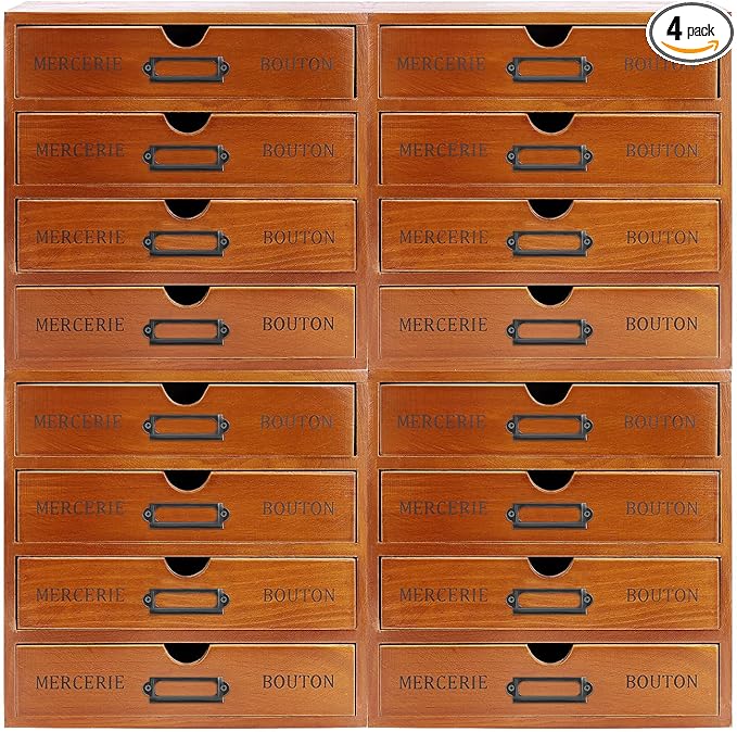 4PCS Stackable Wooden Desk Organizer with Total 16 Drawers, Apothecary Cabinet Library Card Catalog Cabinet Tabletop Vintage Apothecary Chests Cabinets Herb Storage Box with Drawers