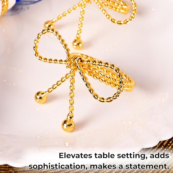ALPHA Living HOME Napkin Rings Set of 12, Holiday Napkin Holders, Metal Napkin Rings for Safari Theme Table Décor Handmade for Holiday, Weddings, Receptions, Banquets, Events, Bow Shape, Gold