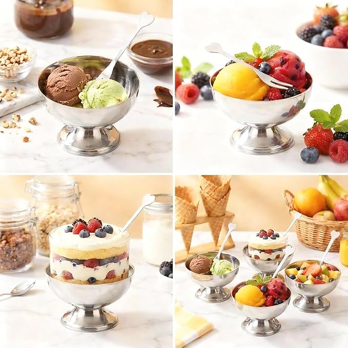 4 Pack Stainless Steel Dessert Bowls, Dessert Cups Ice Cream Cups with Footed Base, Serving Dessert Bowl for Fruit Salad, Pudding, Yogurt (silver)